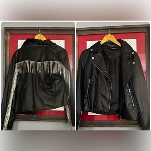 Black Faux Leather Fringe Moto Jacket with Silver Trim